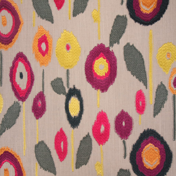 Pop Art Multi Red Green Embroidered Linen Blend Drapery Fabric 45689