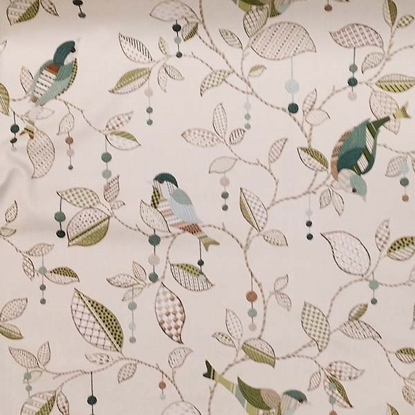 Tweet Tweet Seaglass Green Floral Bird Cotton Drapery fabric by P