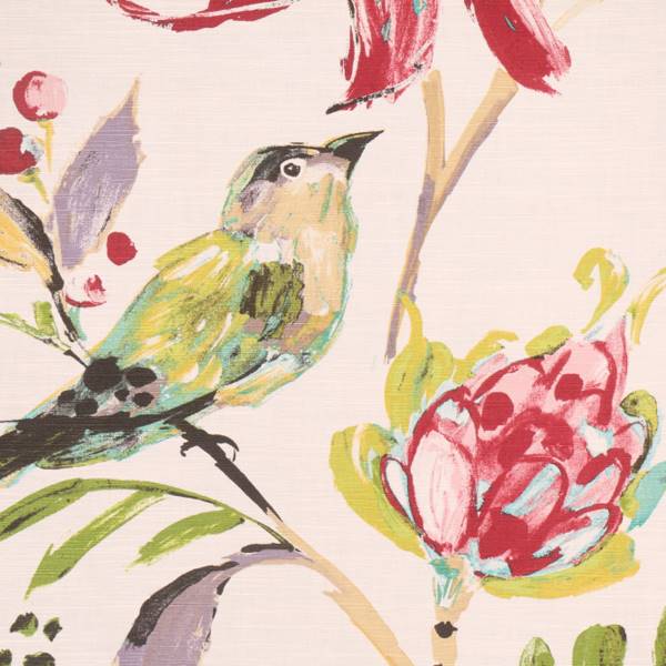 Honolulu Cream Linen Blend Floral and Bird Drapery Fabric