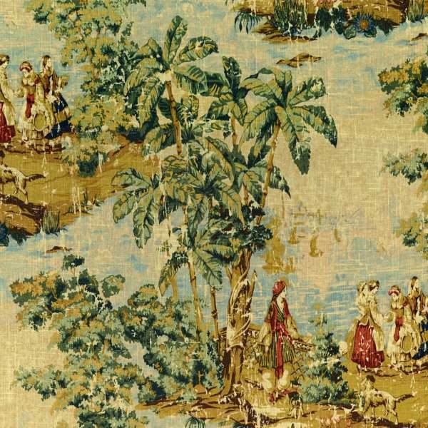 Bosporus Billard Dark Red Linen Toile Drapery Fabric By the Bolt